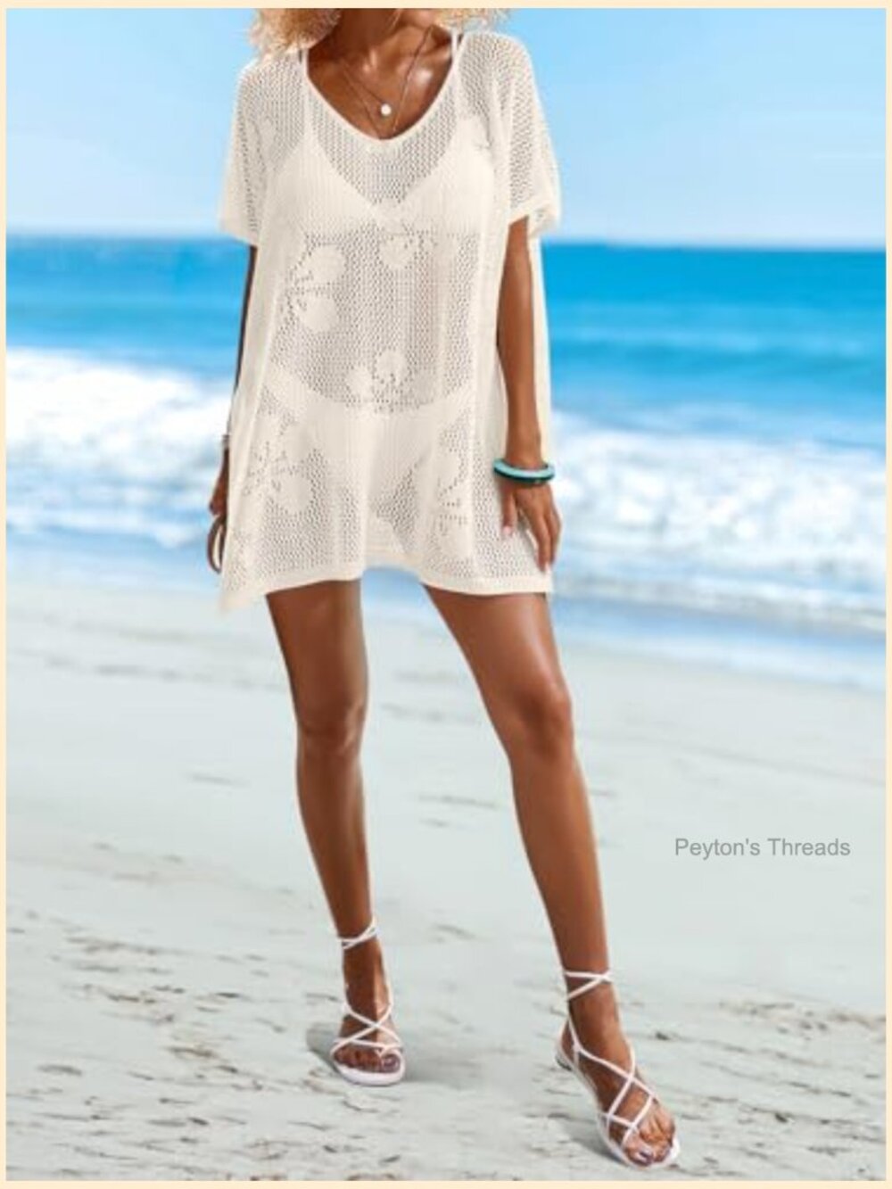 Oversized Crochet Beach Cover Up Mini Dress Cap Sleeve Swimsuit Cover Up - Picture 5 of 7